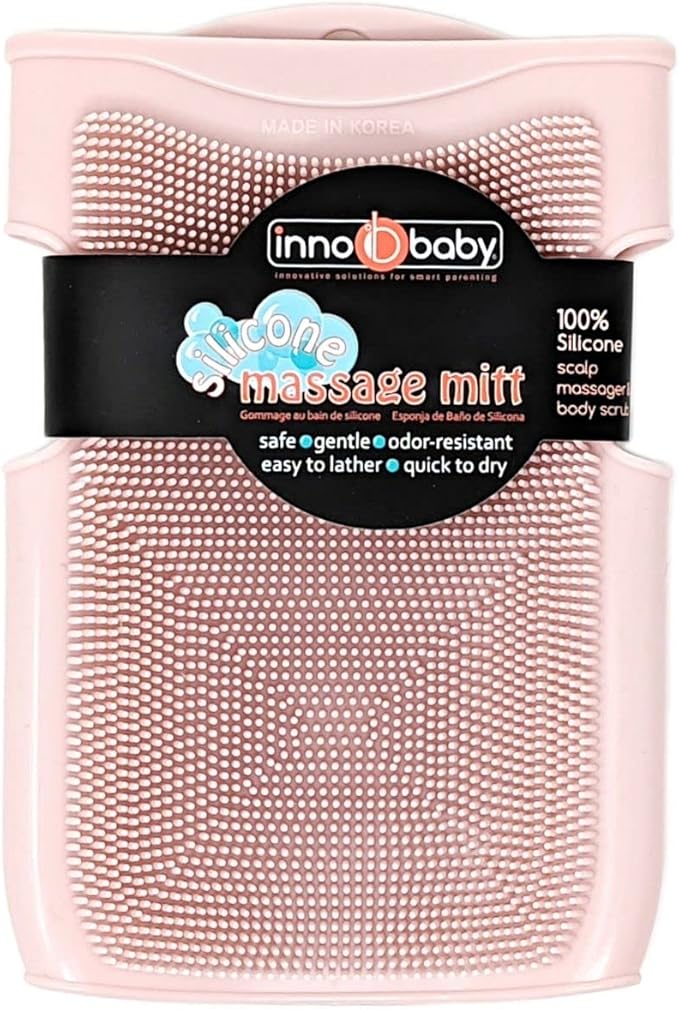Innobaby Double Sided Silicone Massage Mitt Bath Scrubber Shower Brush & Scalp Massager/Pink