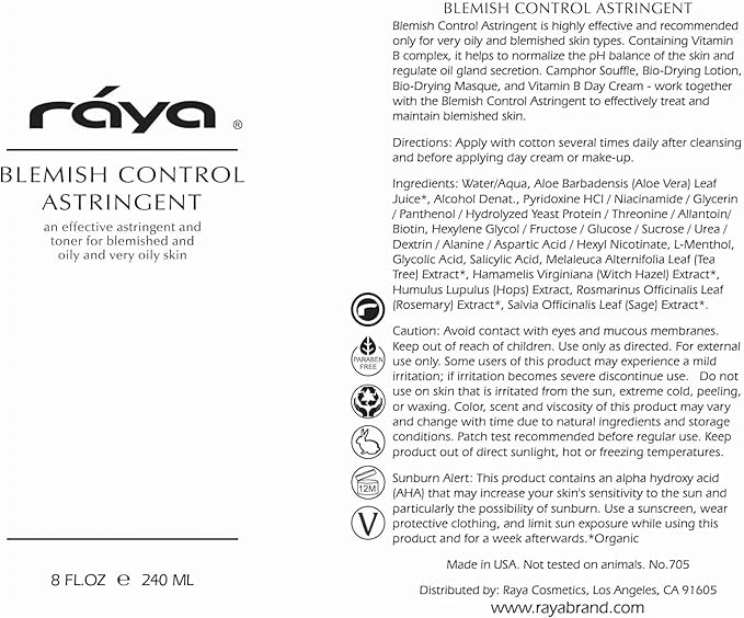 RAYA Blemish Control Astringent 16 oz (705) | Facial Toner for Very Oily and Break-Out Skin | Helps Normalize pH Levels and Regulate Oil Gland Secretion | Made with Vitamin-B | Great for Teens
