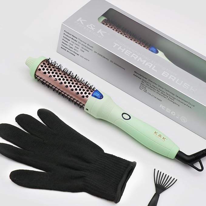 K&K Brush 30, 1.18 Inch Hot Styling Brush, Ionic Curling Iron with Tourmaline Ceramic Barrel, Professional Hair Curler up to 356°F, Dual Voltage Hair Waving Style Tool for Traveling