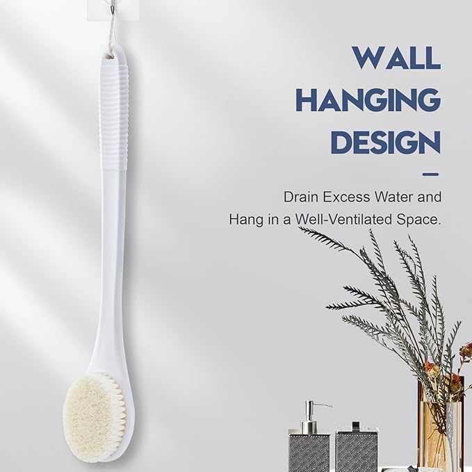 Back Scrubber for Shower, Shower Body Brush for Cleaning with Long Handle for Showering, 17 Inch Back Washer Exfoliator for Shower Men Women with Non-Slip Handle, Adhesive Hook (White)
