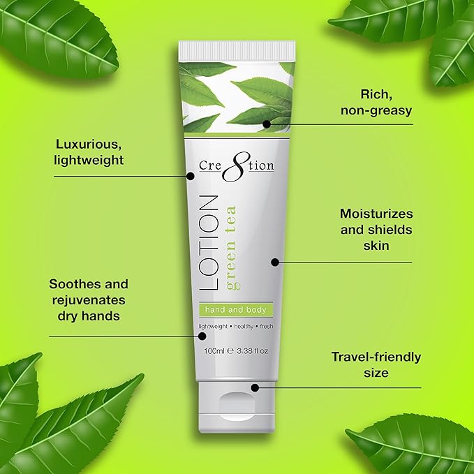 Cre8tion Spa Green Tea Hand & Body Lotion, Luxurious Lightweight Moisturizer for Silky, Smooth Skin, 3.3 Fl Oz