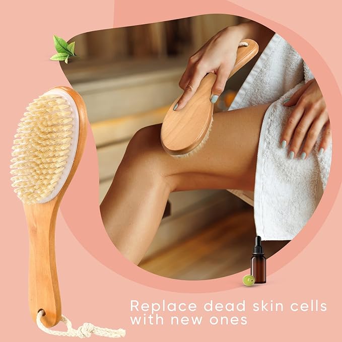 Gerrii 2 Pcs Dry Brushing Body Brush Natural Boar Bristle with Contoured Wooden Handle for Back Legs Feet Exfoliates Dead Skin