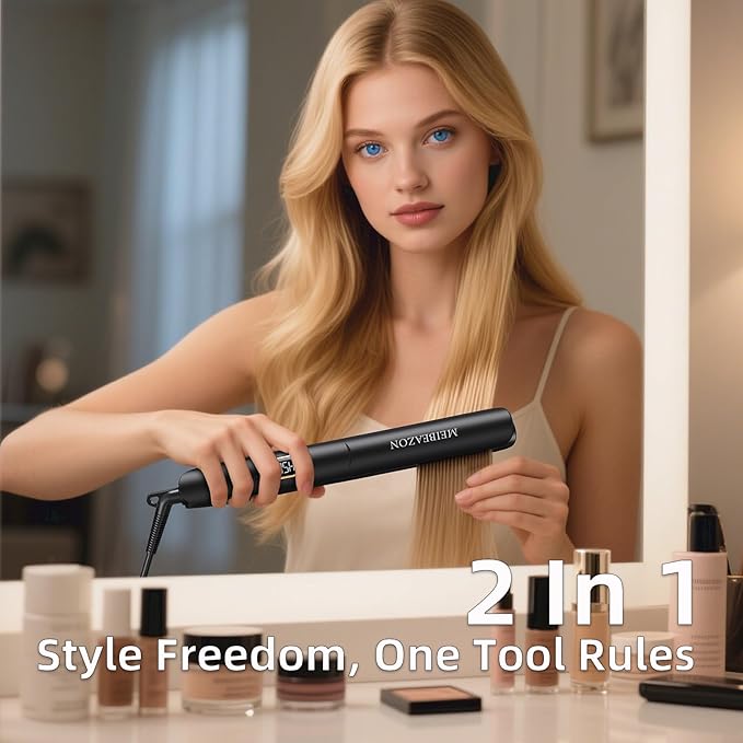 Flat Iron Hair Straightener and Curler 2 in 1, Professional 3D Floating Ceramic Plates with Travel Dual Voltage, Negative Ion, LED Display & Auto Shut-Off for Smooth, Shiny, Frizz-Free Hair