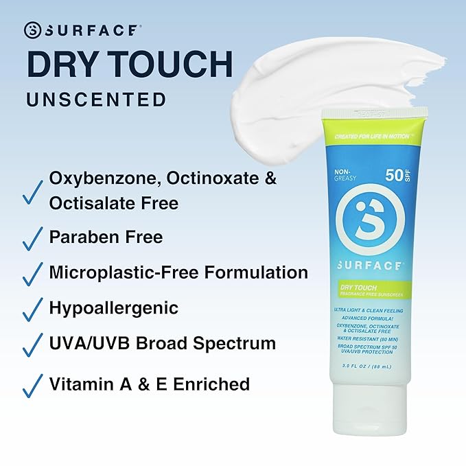 Surface Sunscreen Lotion SPF 50 for Face and Body, Natural Formula, Lightweight and Reef Friendly, Broad Spectrum UVA UVB Protection, Water Resistant Sun Care for Outdoor Use, Fragrance Free, 3oz