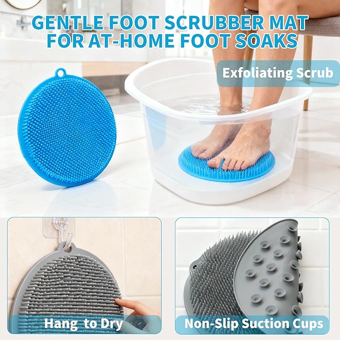 2 Pack Shower Foot Scrubber & Shower Back Scrubber Wall Mounted with Delicate Brush,Circular Design Shower Back Scrubber,Non-Slip Foot Scrubber Mat(Grey and Blue)