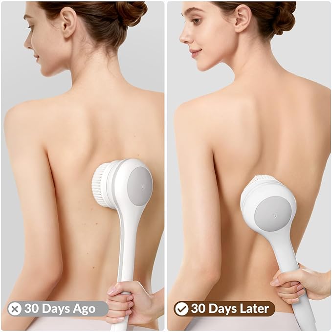 Electric Body Brush Back Scrubber for Shower, Waterproof Long Dual Handle Power Body Scrubber with 3 Heads, Rechargeable Bath Brush & 2 Speeds, for Cleansing, Exfoliating and Massaging Skin