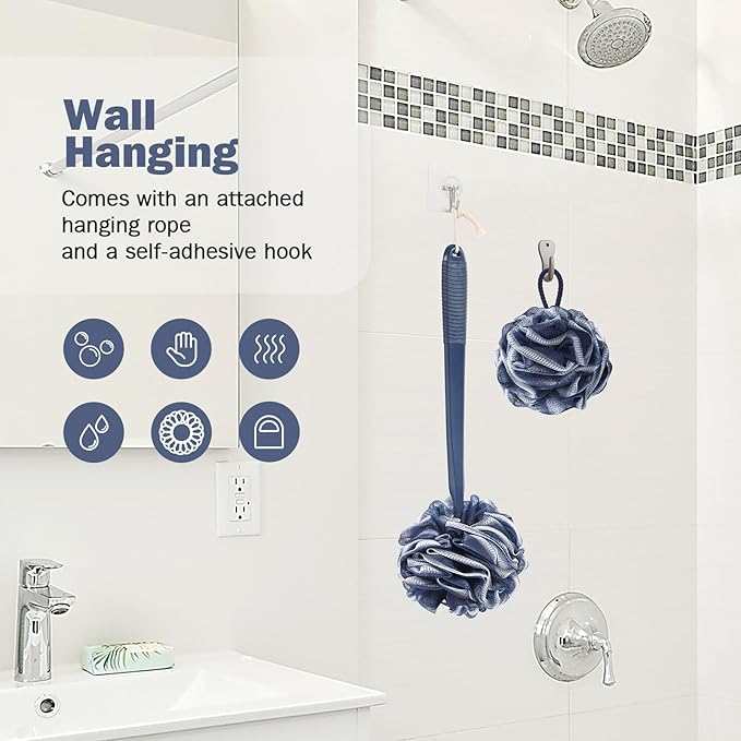 Loofah With Handle Back Scrubber for Shower, Non-Slip 17" Plastic Handle, Hand Shower & Loofah on a Stick Sponge Set, Deep Blue With White Edge