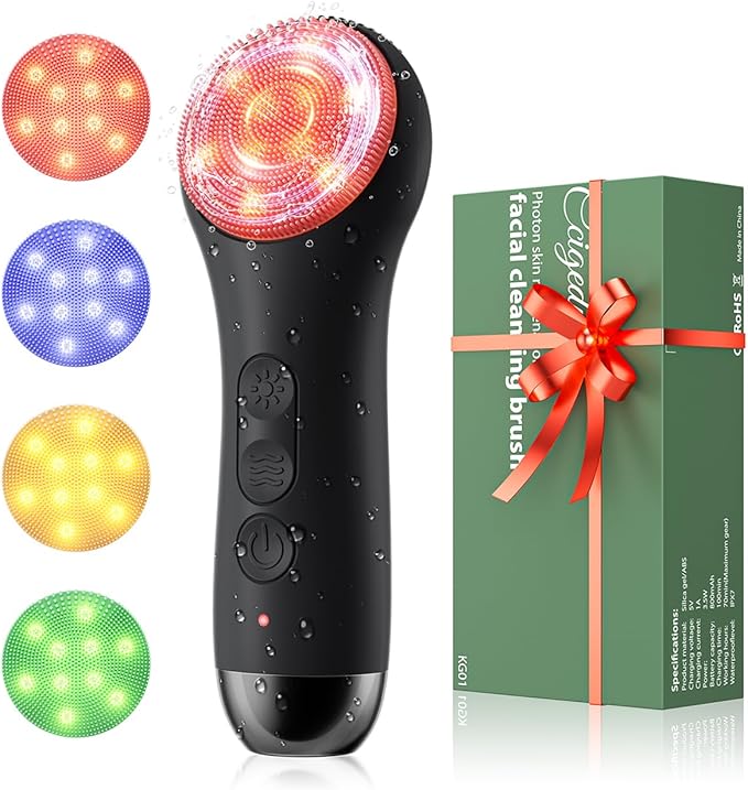 Facial Cleansing Brush Electric Face Scrubber - Rechargeable Face Cleansing Brush with 4 LED Gentle Light Silicone Heat and Vibration Exfoliator Massage Deep Cleansing,IPX7 Waterproof,Ideal Gift﻿