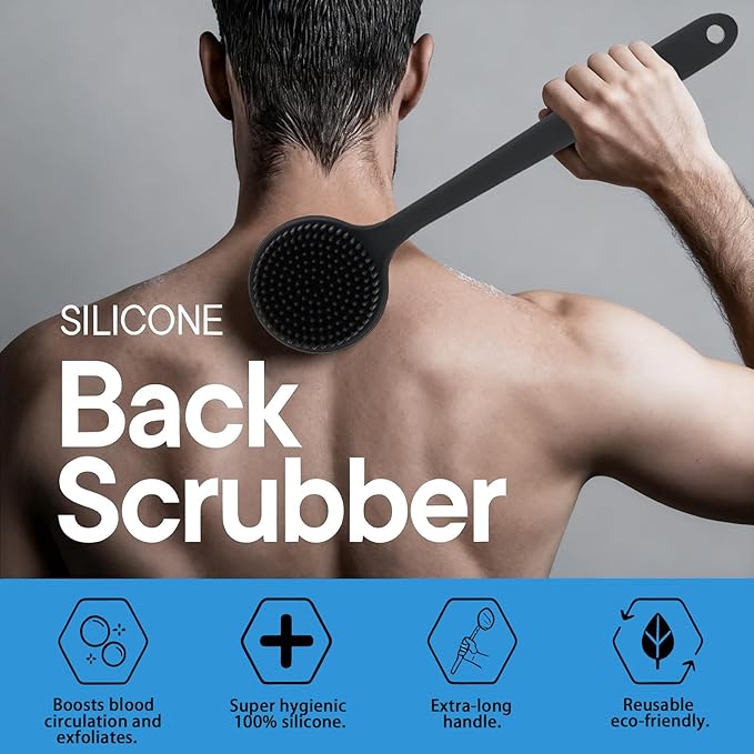Silicone Back Scrubber for Shower, Double Sided Shower Brush for Shower Exfoliating and Massage Can Produce Rich Foam, 15-inch Men's Long Handle Body Brush, Long Lasting Bath & Shower Accessories