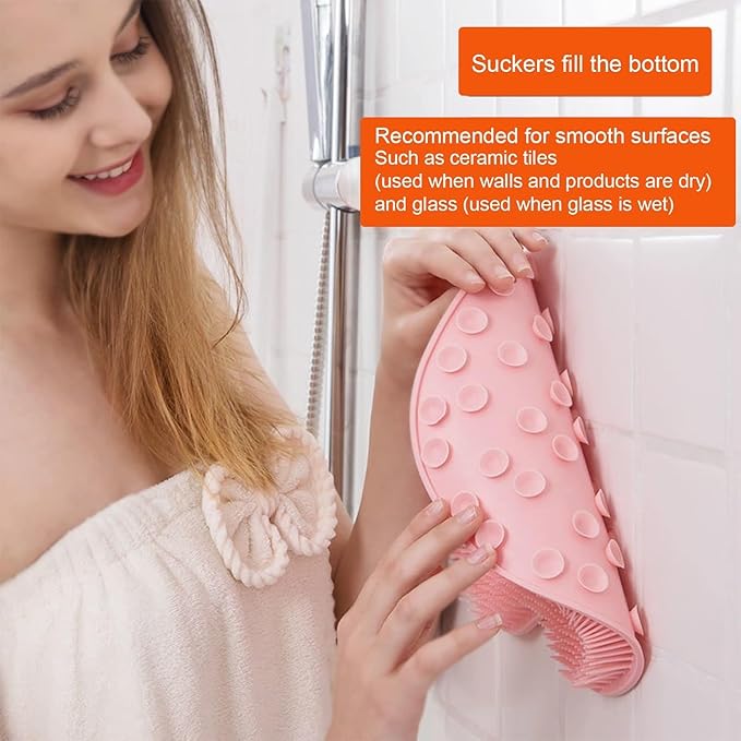 Shower Back & Foot Scrubber,Wall Mounted Back Scrubber Silicone Bath Massage Cushion Brush with Suction Cups,Bathroom Wash Foot Mat Exfoliating Dead Skin Foot Brush (L-Pink 1pcs)
