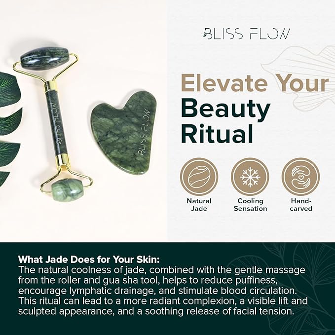 Jade Roller & Gua Sha Set – Natural Jade Face Roller for Puffiness, Wrinkles & Lifting – Cooling Facial Massage Tool for Glowing Skin, Stress Relief & Skincare Absorption