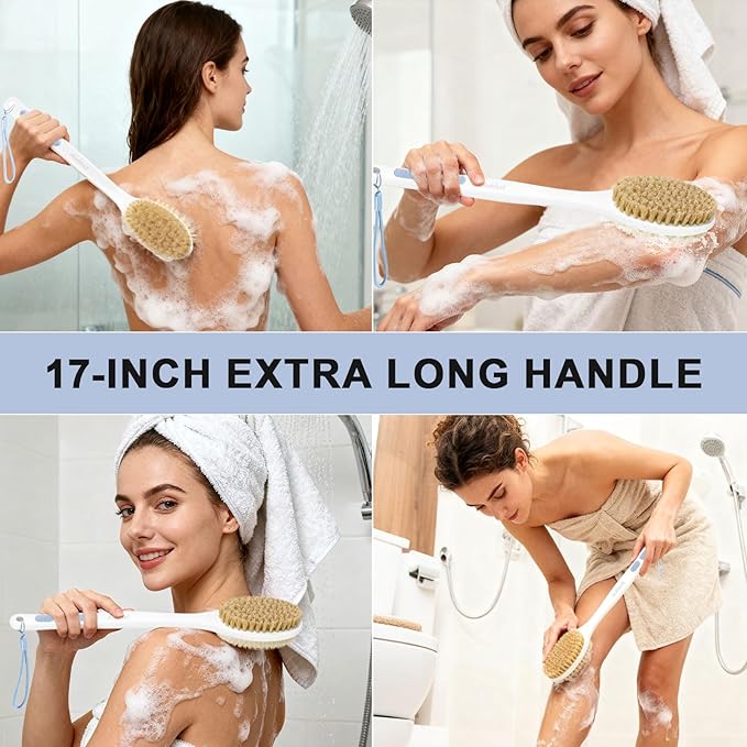 Back Scrubber for Shower with Long Handle, Exfoliating Bath Brush for Body - Double Sided Bristles (Stiff & Soft), Anti-Slip Grip, Lightweight - Gift for Seniors, Includes Lanyard & Hook, Blue