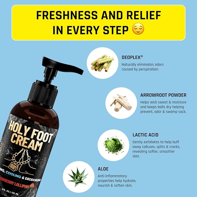 Derm Dude Holy Foot Cream for Dry Cracked Heels and Feet | Moisturizing Lotion Formulated w/All-Natural DeoPlex for Odor Control & Arrowroot for Deep Hydration - Strawberry Lollipop Scent 4oz (1pack)
