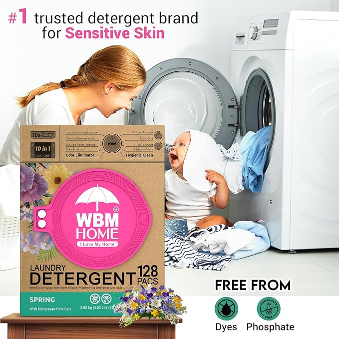 WBM Laundry Detergent Pods, Spring Fragrance Scent, 128 Count - HE Concentrated Laundry Pods With 10x Ultrapower Cleaning and 4D Laundry Stain Remover