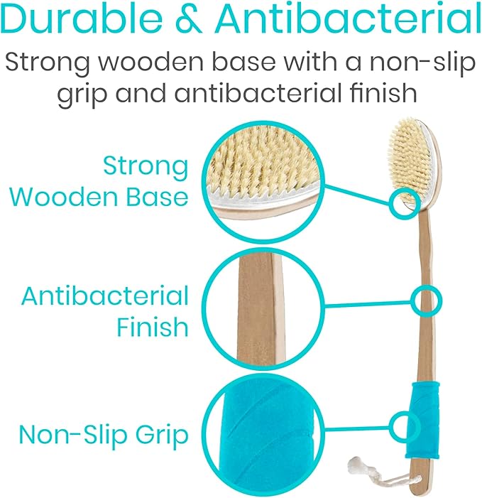 Vive Back Scrubber for Shower – Long Handle Dry Brushing Body Brush with Soft & Stiff Bristles – Exfoliating Shower Loofah & Bath Scrubber Cleaner for Women, Men, Elderly – Antiskid Grip
