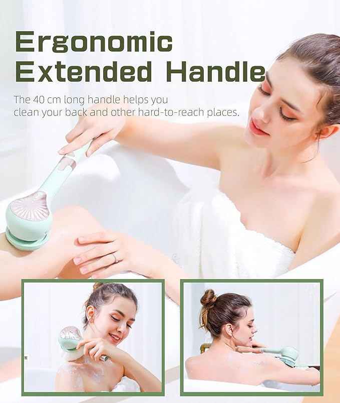 Electric Body Brush Back Scrubber for Shower, IPX6 Water Proof Bath Brush with Long Handle, 6 Heads 3 Speeds Rechargeable Electric Spin Scrubber for Cleanse, Massage, Exfoliate