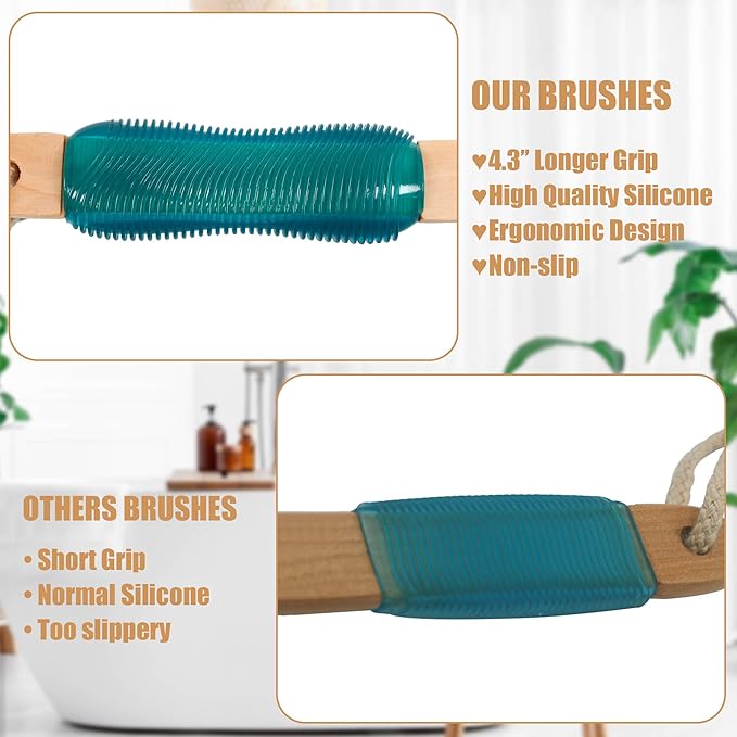 OWIIZI Back Scrubber for Shower Large Surface Body Scrub Brush Stiff Boar Bristles Wooden Curved Long Handle Antiskid Bath Brush for Wet or Dry Brushing