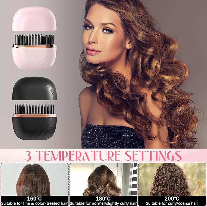 Mini Straightener,Rechargeable Portable Hair Straightener Brush,Fast Heating Hot Comb,Anti Scald Shell,3-Speed Temperature Control,Lightweight Mini Hair Straightener Brush for Home Travel Gift (Black)