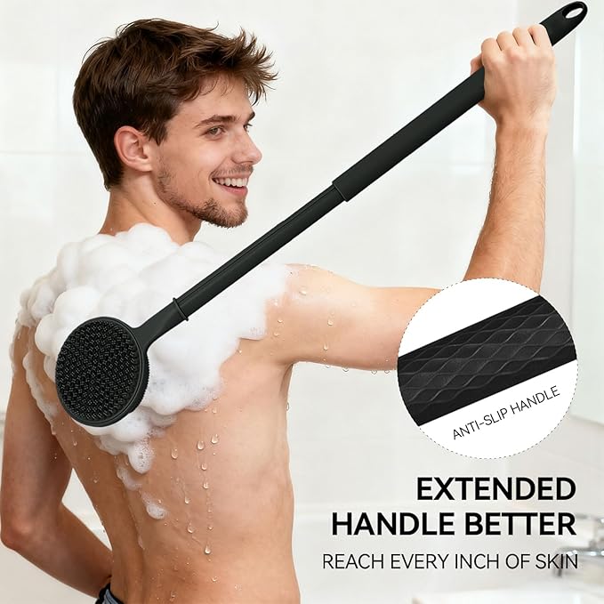 Back Scrubber for Shower, (16-24 Inch) Extendable Bath Brush Long Handle for Shower, Silicone Body Scrubber with Handle, Back Brush for Shower Men and Women,Easy to Clean (Black)