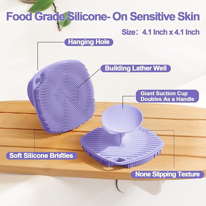 Silicone Body Scrubber, Gentle Texture Exfoliating Body Scrubber for Men and Women On Sensitive Skin, Soft Scrubber Produces Rich Form and Builds Up Lather, Getting a Deep Skin Clean (Purple)