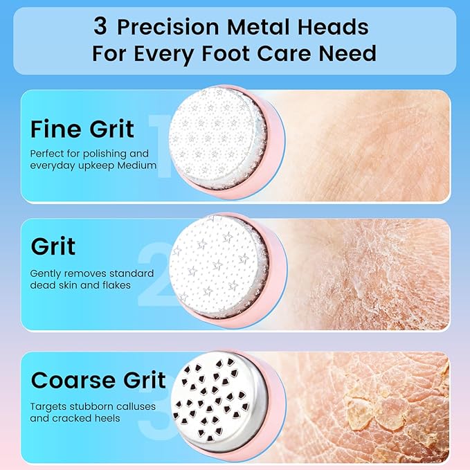 Wireless Electric Foot File - Callus Remover Tool for Feet, Rechargeable Pedicure Tool with 3 Replaceable Grinding Heads, Professional Adjustable Speed Foot Files for Dead Skin, Cracked Heels (Pink)