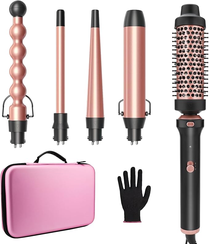 GSKY 5 in 1 Curling Iron Set, Hair Curler with Curling Brush and 4 Interchangeable Ceramic Curling Wand(0.5”-1.25”), Fast Heating, Include Suitcase & 2 Clips & Heat Protective Glove
