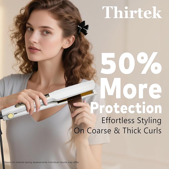 Thirtek Professional Hair Straightener,1.5 inch Ceramic & Titanium Flat Iron,15 Adjustable Temperature Levels,LCD Display, 25s Quick Heat Up,Styling Tools for Thick Hair,Dual Voltage,White&Gold