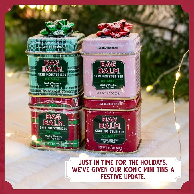 Bag Balm Mini Tin Holiday Gift Set – Bundle of 4 Limited Edition Tins (Red Star, Pink Star, Green Plaid, Red Plaid) – Multi-Use Moisturizing Balm for Dry Skin, Lips, Hands and Winter Hydration