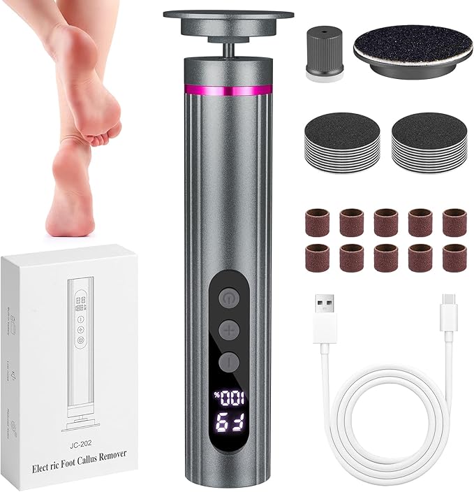 Electric Foot Callus Remover, 2 in 1 Callus Remover for Feet, 9 Adjustable Speeds with Sandpaper Disk and Nail Drill Bits, Digital Display, Rechargeable Pedicure Tools for Dead Skin(Gray)
