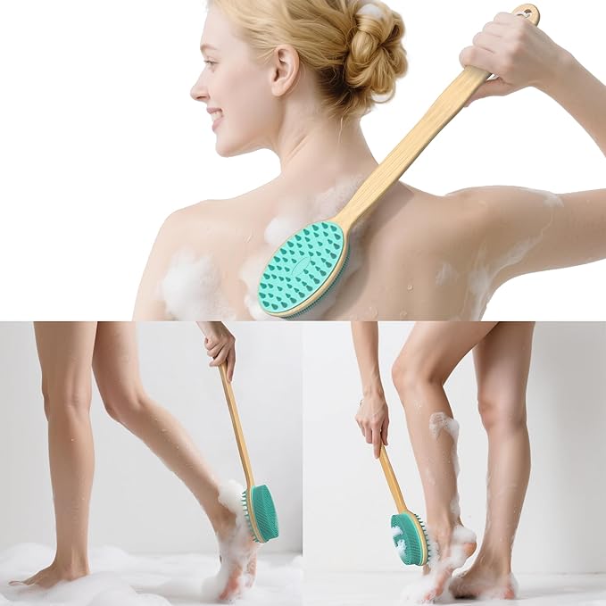 READAEER Silicone Back Scrubber with Long Handle Bamboo, 15.7in Lengthen Long Handle Body Brush for Shower, Double Sided Silicone Head for Back Cleaning and Massage, with a Hook