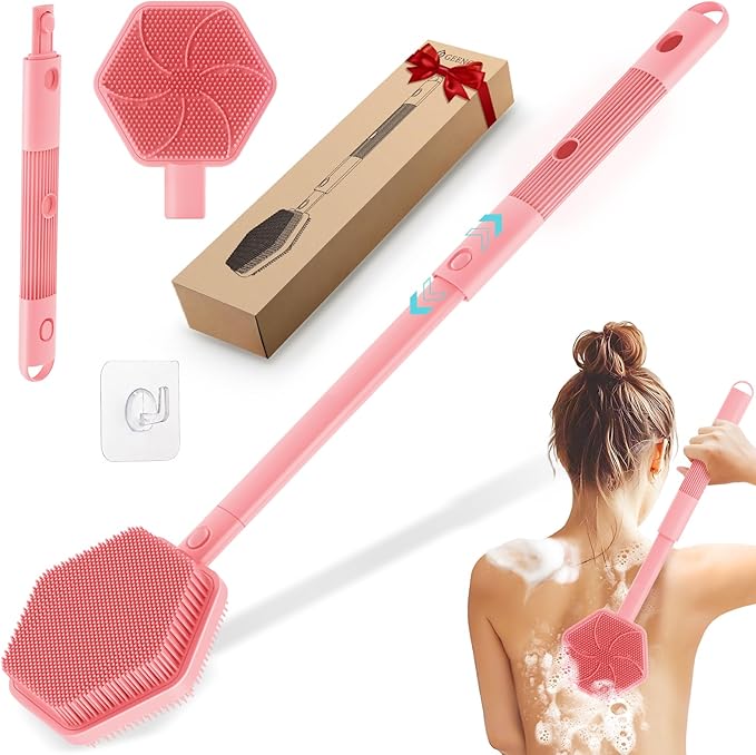 Silicone Back Scrubber for Shower, 16''-21''Extendable Shower Back Scrubber with Dual-Side Large Brush Head, 3-Length Back Brush Bath Brush with Strong Handle & Rich Foaming Bristles(Pink)