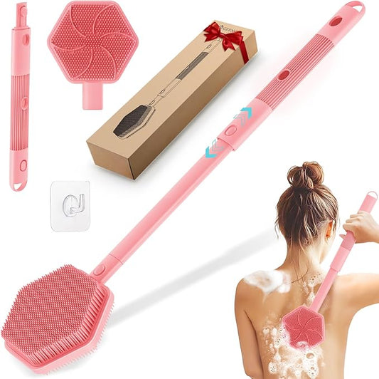 Silicone Back Scrubber for Shower, 16''-21''Extendable Shower Back Scrubber with Dual-Side Large Brush Head, 3-Length Back Brush Bath Brush with Strong Handle & Rich Foaming Bristles(Pink)