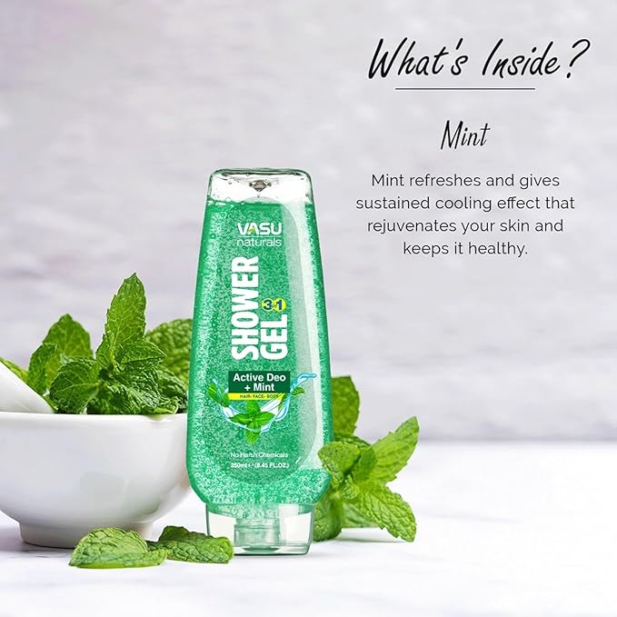 Vasu Naturals Mint Body Wash for Men & Women – Cooling Shower Gel with Menthol & Natural Mint, Hydrating Body Soap, Deep Moisturizing Formula, Paraben-Free Bath Wash – 8.45 fl oz Each (Pack of 2)