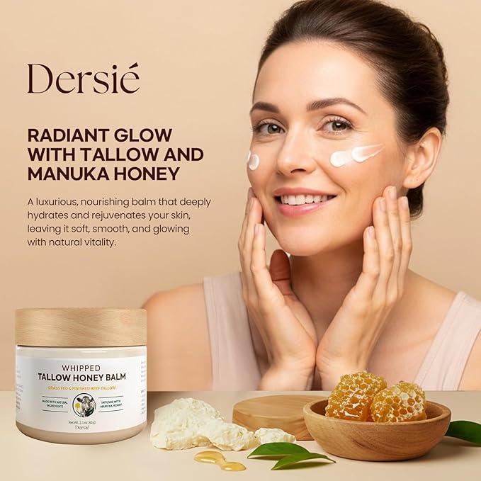 Dersie Tallow and Honey Balm for Face: 100% Grass-Fed Whipped Tallow Balm with Manuka Honey for Dry, Sensitive & Mature Skin – Deep Hydration & Soothing – Suitable for Women, Men & Kids (2.1 oz)