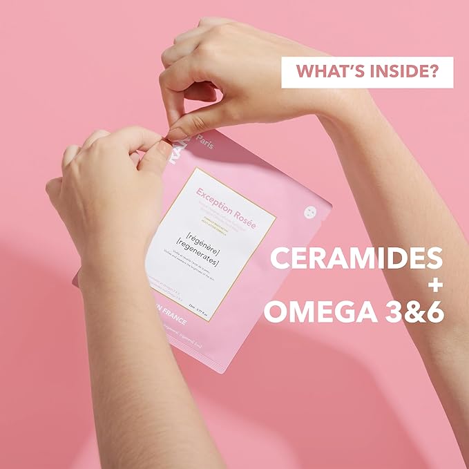 RARE Paris - Exception Rosée - Regenerating Facial Sheet Mask - Hydrating & Brightening - With Ceramides & Omega-3 & 6 - Brightening, Firming & Revitalizing - Multi-Active Serum Formula - 5 Pack