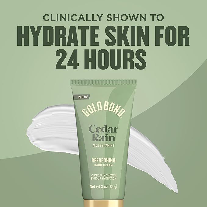 Gold Bond Cedar Rain Refreshing Hand Cream, Everyday Hand Cream with Aloe Vera to Refresh Skin and Vitamin E to Help Soothe the Skin, Comforting Cedar Rain Scent, 3 oz, 4 pk