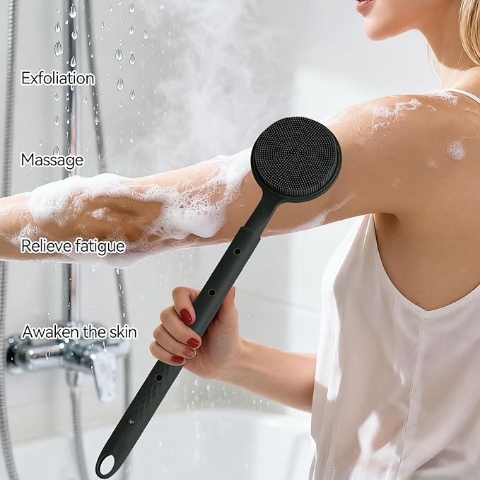 Back Scrubber for Shower, (16-24 Inch) Extendable Bath Brush Long Handle for Shower, Silicone Body Scrubber with Handle, Back Brush for Shower Men and Women,Easy to Clean (Black)