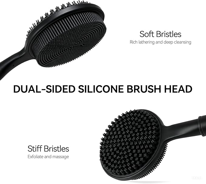Back Scrubber for Shower, (16-24 Inch) Extendable Bath Brush Long Handle for Shower, Silicone Body Scrubber with Handle, Back Brush for Shower Men and Women,Easy to Clean (Black)