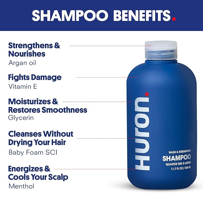 Huron Men's Shampoo | Cleansing & Hydrating Formula | Citrus, Fresh Juniper & Aromatic Greens Scent | Strengthens Hair | Sulfate-Free, Paraben-Free | Argan Oil, Aloe, Peppermint | 11.7 Fl Oz