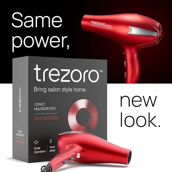 TREZORO Professional Blow Dryer for Women – Ionic Hair Dryer 2000W for Salon & Personal Use – Powerful, Fast & Quiet Drying for Curly Hair, Unwanted Frizz – Design for Travel – 8.2ft Cord – Red