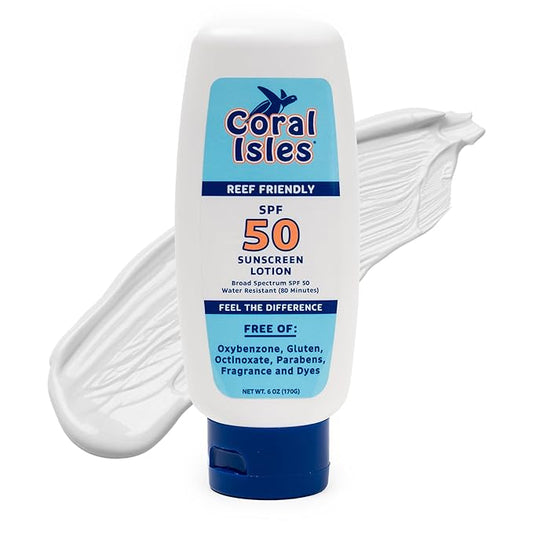 Coral Isles Sunscreen SPF 50 | Hawaii Reef-Safe Act Compliant | Octinoxate & Oxybenzone Free | Broad Spectrum UVA/UVB Protection | Water Resistant 80 Min. | Fragrance Free | 6 Fl Oz Lotion
