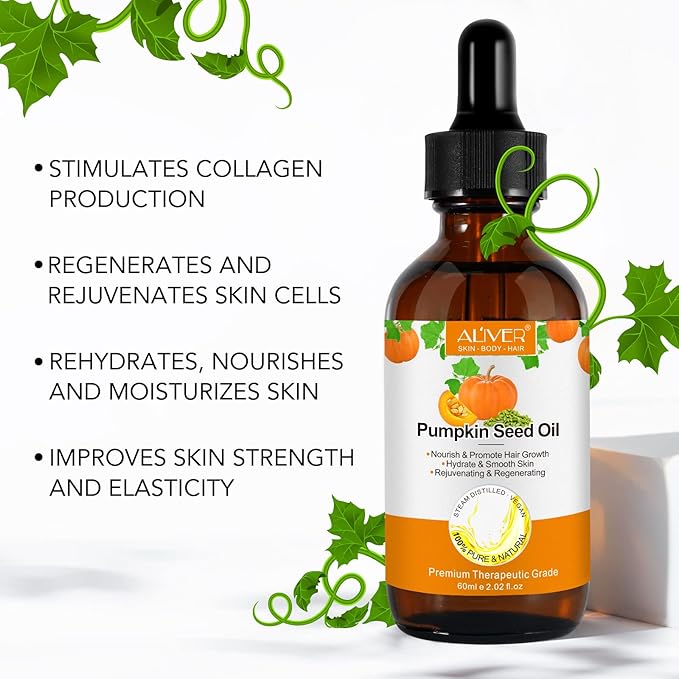 Pumpkin Seed Oil, Pumpkin Seed Essential Oil for Hair Growth & Dry Damaged Hair, Strengthen Hair Thickness, Nourish Hair scalp, Moisturizer Serum for Skin, Face & Body, 2.02 Fl Oz