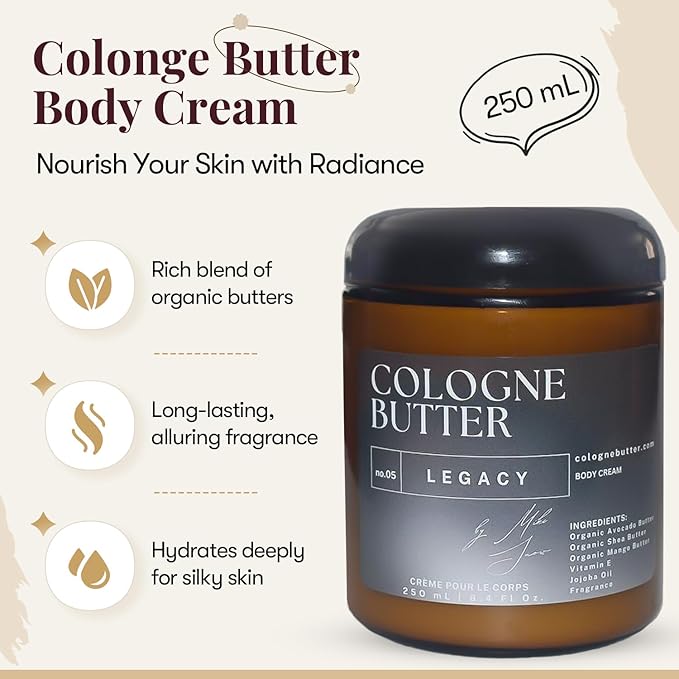 8.4 Fl. oz LEGACY | Nourishing Scented Body Butter for Men & Women | Hydrating & Lasting Fragrance with Black Leather, Patchouli, Amber, Rose & Black Truffle | Amber Glass Jar