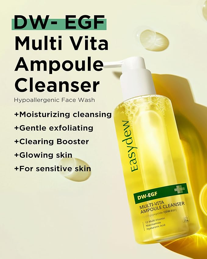 EASYDEW DW-EGF Multi Vita Ampoule Cleanser – Hypoallergenic Face Wash for Sensitive Skin with High-Concentration EGF Peptide, Multi-Vitamins and Hyaluronic Acid - Ampoule to Bubble Foam, 6.76 fl.oz.