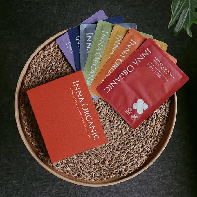 INNA ORGANIC Full Chakra Sheet Mask Giftbox, Anti-Aging, Hydrating & Calming, EWG & COSMOS Certified (Pack of 7) | Gift set to Mom, Bridle gift| Luxury Clean Beauty