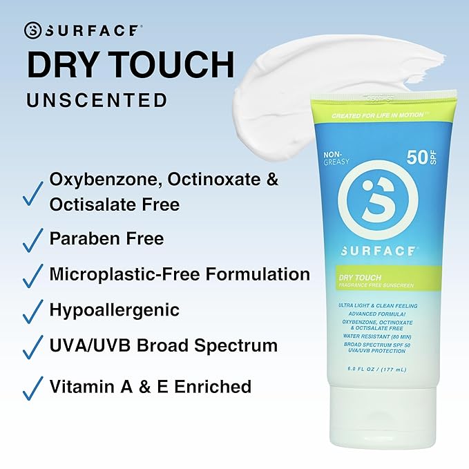 Surface Sunscreen Lotion SPF 50 for Face and Body, Natural Formula, Lightweight and Reef Friendly, Broad Spectrum UVA UVB Protection, Water Resistant Sun Care for Outdoor Use, Fragrance Free, 6oz