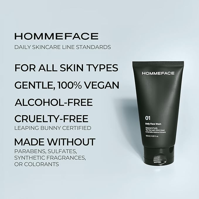 HommeFace Men’s Daily Face Wash - Gentle Facial Cleanser for Deep Cleansing & Purifying - Korean Skincare Technology with Collagen, Witch Hazel & Cica Extracts, 4.22 fl oz