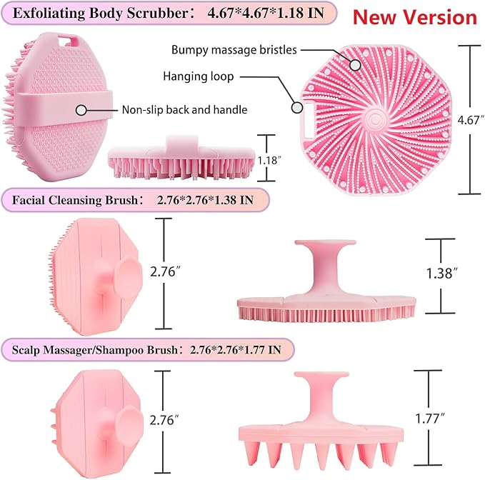 3 Soft Silicone Skin Scrubbers - Body Scrubber Exfoliating Brush Bath Shower Tool, with Gentle Manual Face Cleansing Wash Scrubber, with Hair Scalp Massager Shampoo Brush (Pink)