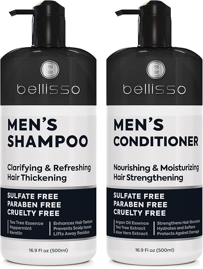 Mens Shampoo and Conditioner Set - Sulfate Free and Clarifying - For Men with Oily to Normal Hair - Moisturizing and Thickening - Biotin, Keratin, Tea Tree Oil, Caffeine and Peppermint for Dandruff