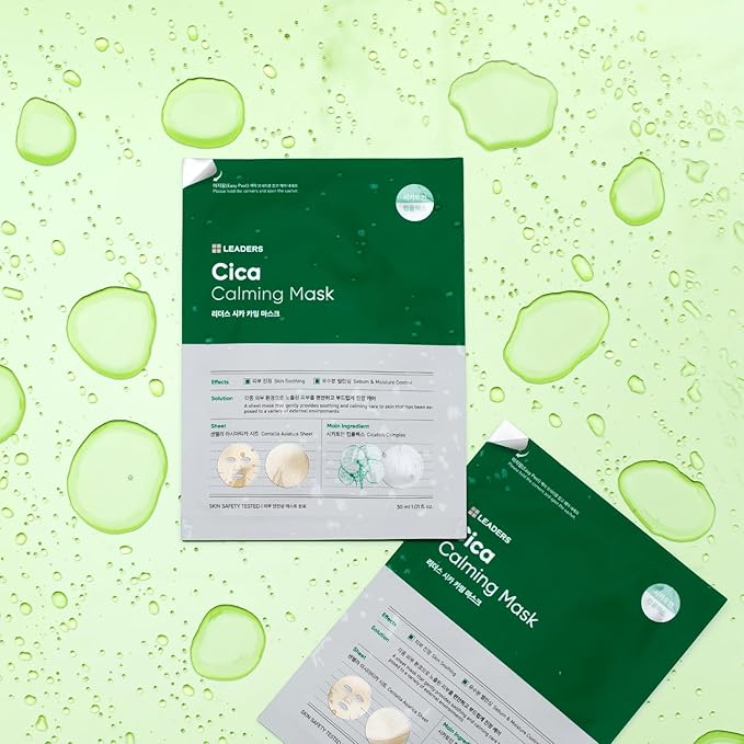 LEADERS Insolution Cica Calming Mask - Soothing Relief for Irritated & Sensitive Skin | Helps Reduces & Relieves Redness | Calming Care, Sebum & Moisture Control, Easy Peel Pouch - 5 Sheets
